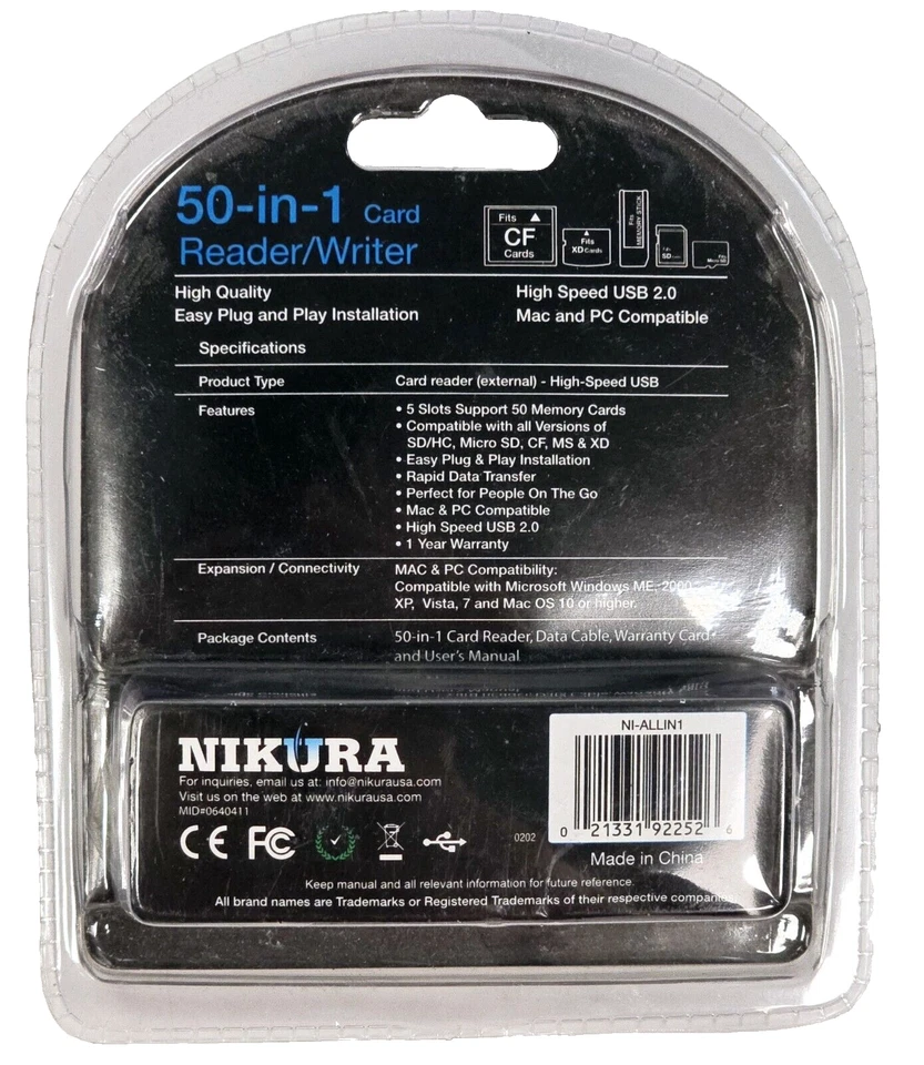 Nikura 50-in-1 Card Reader/Writer Rapid Data Transfer USB 2.0 Mac, PC Compatible - Image 2 of 3