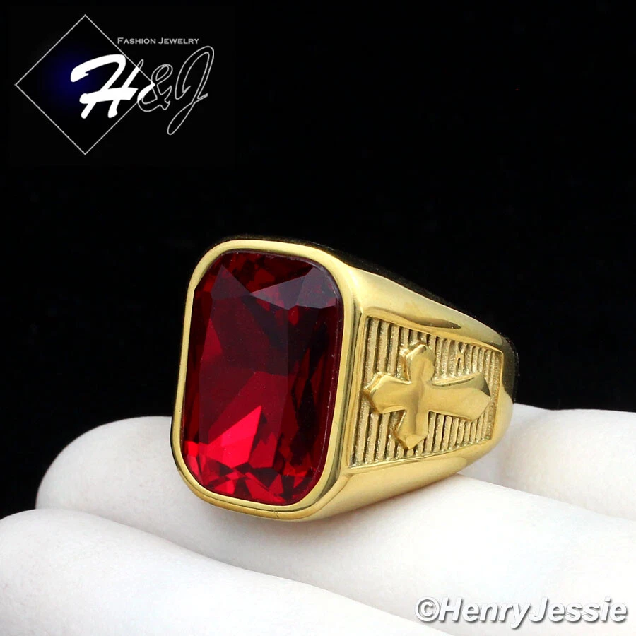 MEN Gold Plated Over Stainless Steel Rectangle Simulated Ruby
