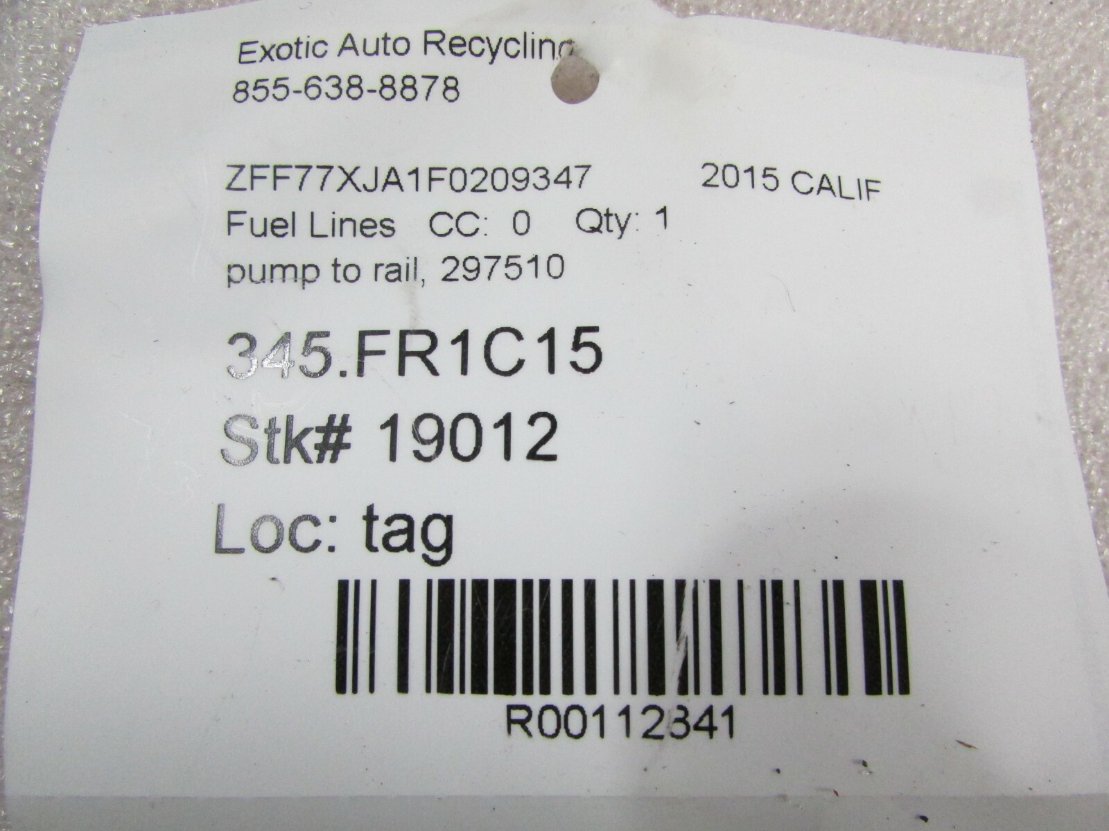 Ferrari California T, Fuel Pump to Rail Line, Used, P/N 297510