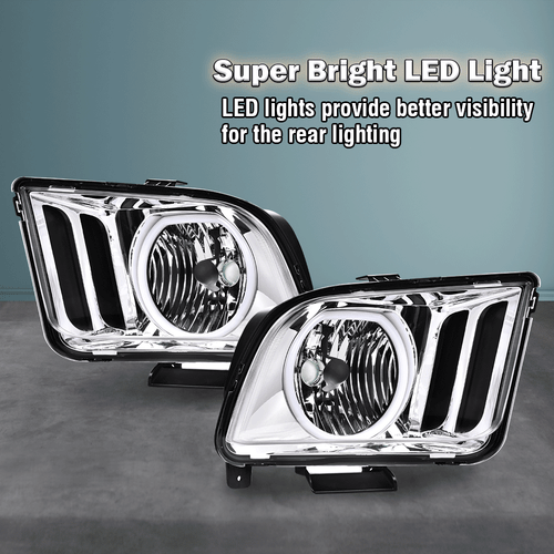 New Headlights Fit For 2005-2009 Ford Mustang Chrome LED DRL Halo Headlamps - Picture 2 of 12
