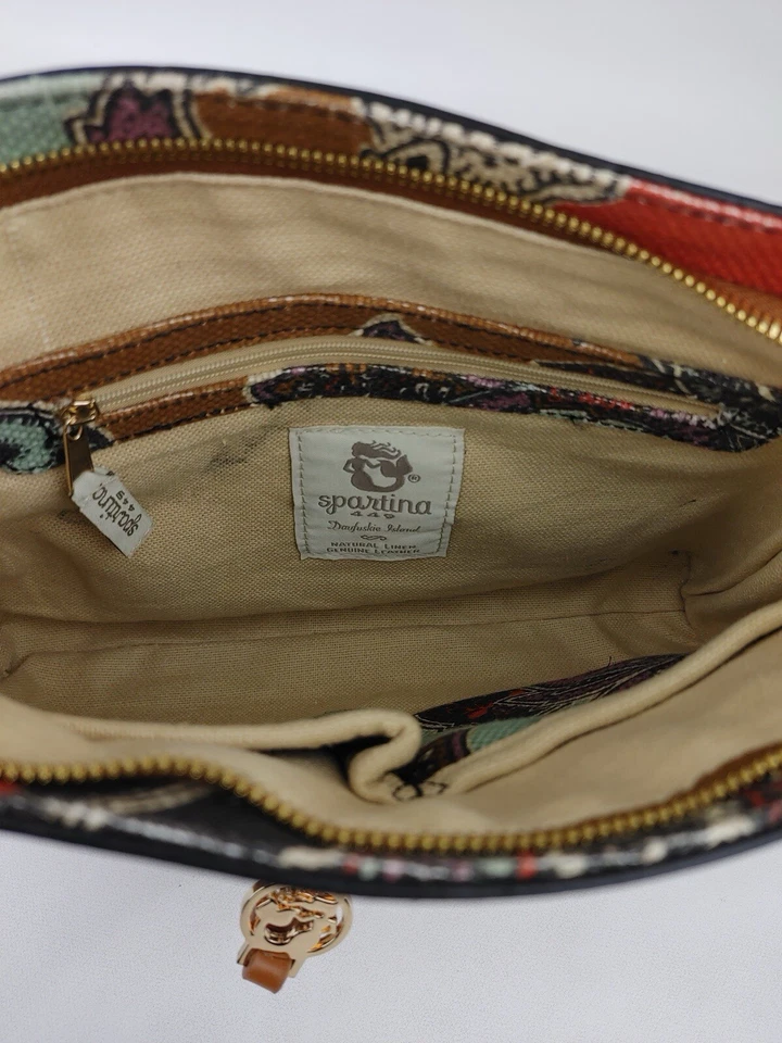 Bolso Cartera Spartina 449 Cuero Lino Elfrida Cremallera Hipster Bandolera Botánica Foto 3 de 4
