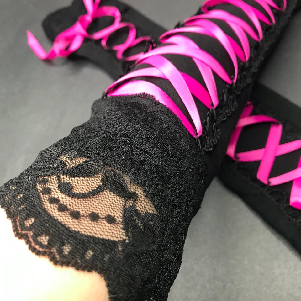 Hot Pink Corset Arm Warmers Black Lace Up Gloves Long Cosplay Wedding Sleeves - Image 3 of 4