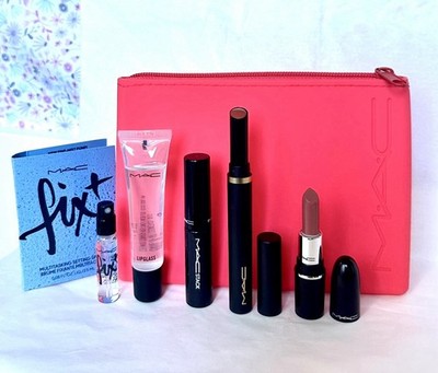 6PC MAC Makeup Set/Pouch/Lipsticks/Lip Gloss/Setting Spray