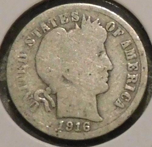 Silver Dime - Barber - 1916 (Worn.  Reverse has shiny area above ONE.)