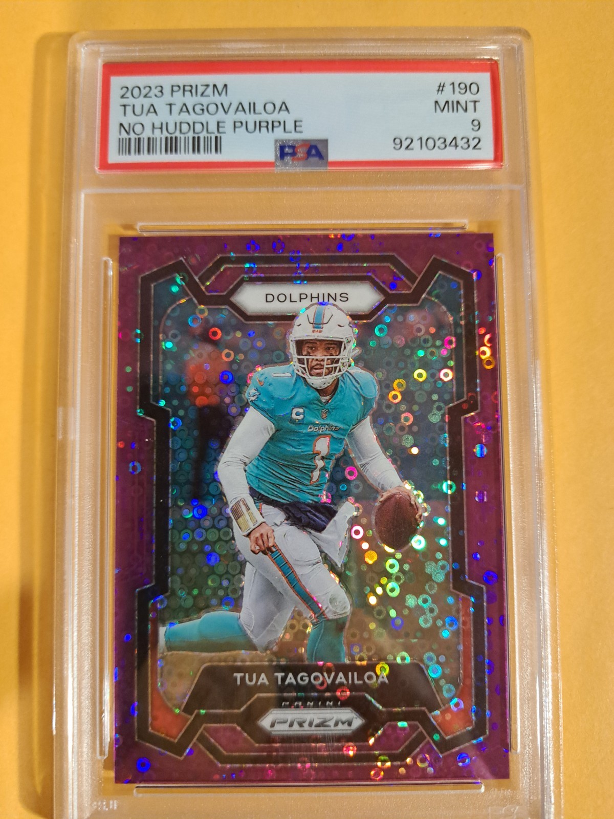 2023 Panini Prizm Tua Tagovailoa #190 Purple No Huddle Prizm /35 PSA 9