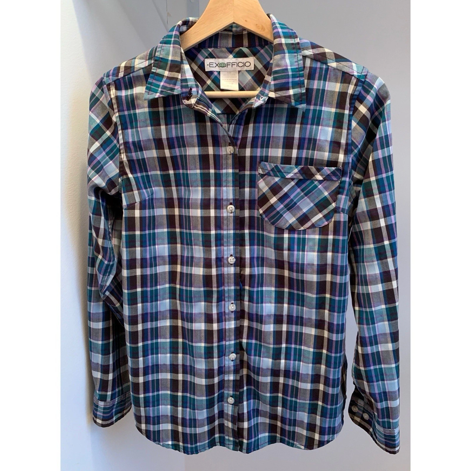 Exofficio Women’s XS Teal Blue Plaid Long Sleeve Button Up Hiking Outdoor Shirt