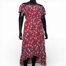 Mela London Size 14-16 Red Bardot Style Dress Hi-Lo Ruffle Hem Floaty Lined Midi