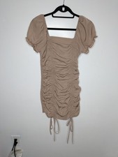 Wishful Thinking Dress Womens S Beige Ruched Puff Sleeve Bodycon Mini Ruffle