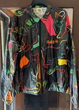 Vintage 80s IAMS Cat Print Rainbreaker Jacket XL Paper Tyvek Windbreaker Neon...