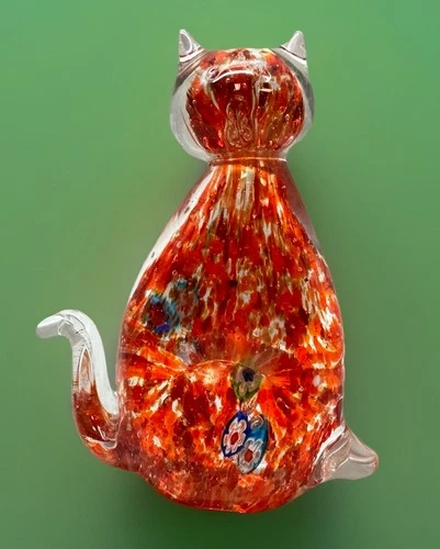 Vtg 5” Murano style Glass cat figurine paperweight Orange Splatter W Millefiori