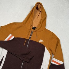 Nike Hoodie Mens Small Brown Tan Full Zip Colorblock Embroidered Swoosh Pockets