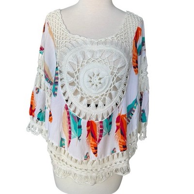 Vivid Importers of NY Multicolor Feather Print Crochet Tunic BOHO Top Medium