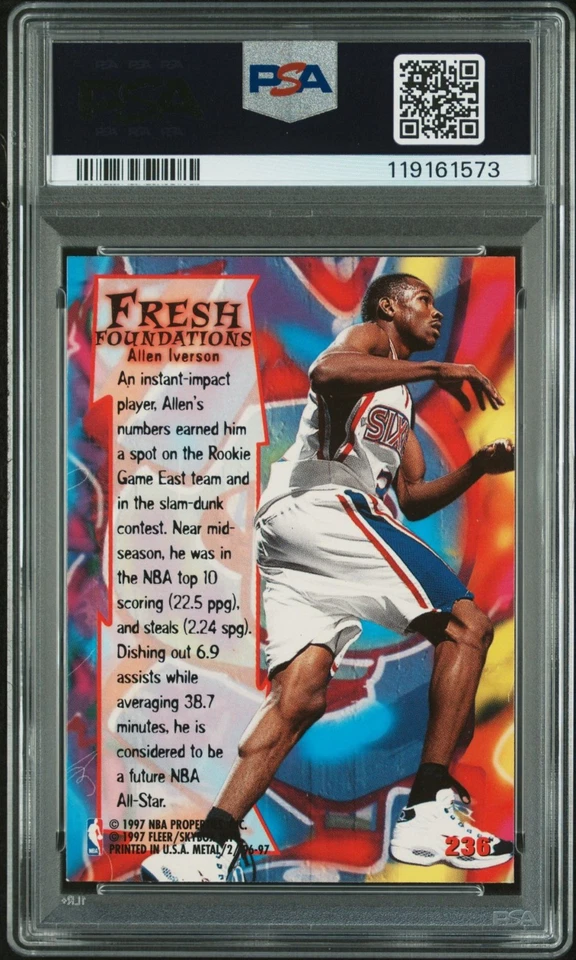 Allen Iverson 1996 Fleer Metal Signed Basketball Rookie Card #236 Auto PSA 10 73 - Image 2 of 2