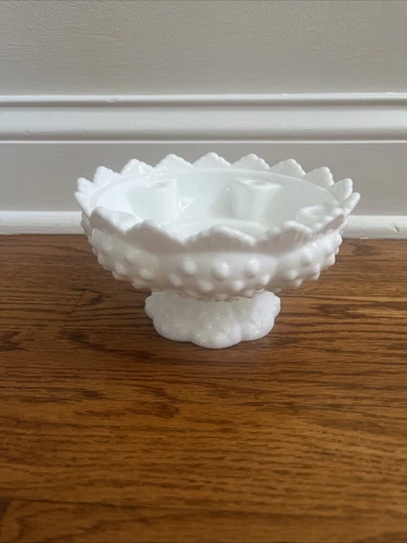 Vintage Fenton White Hobnail Milk Glass Pedestal Candle Holder Bowl 6.5 inch
