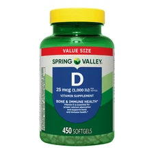 Spring Valley Vitamin D3 1000 IU Softgels – 450 Count, Bone & Immune Support