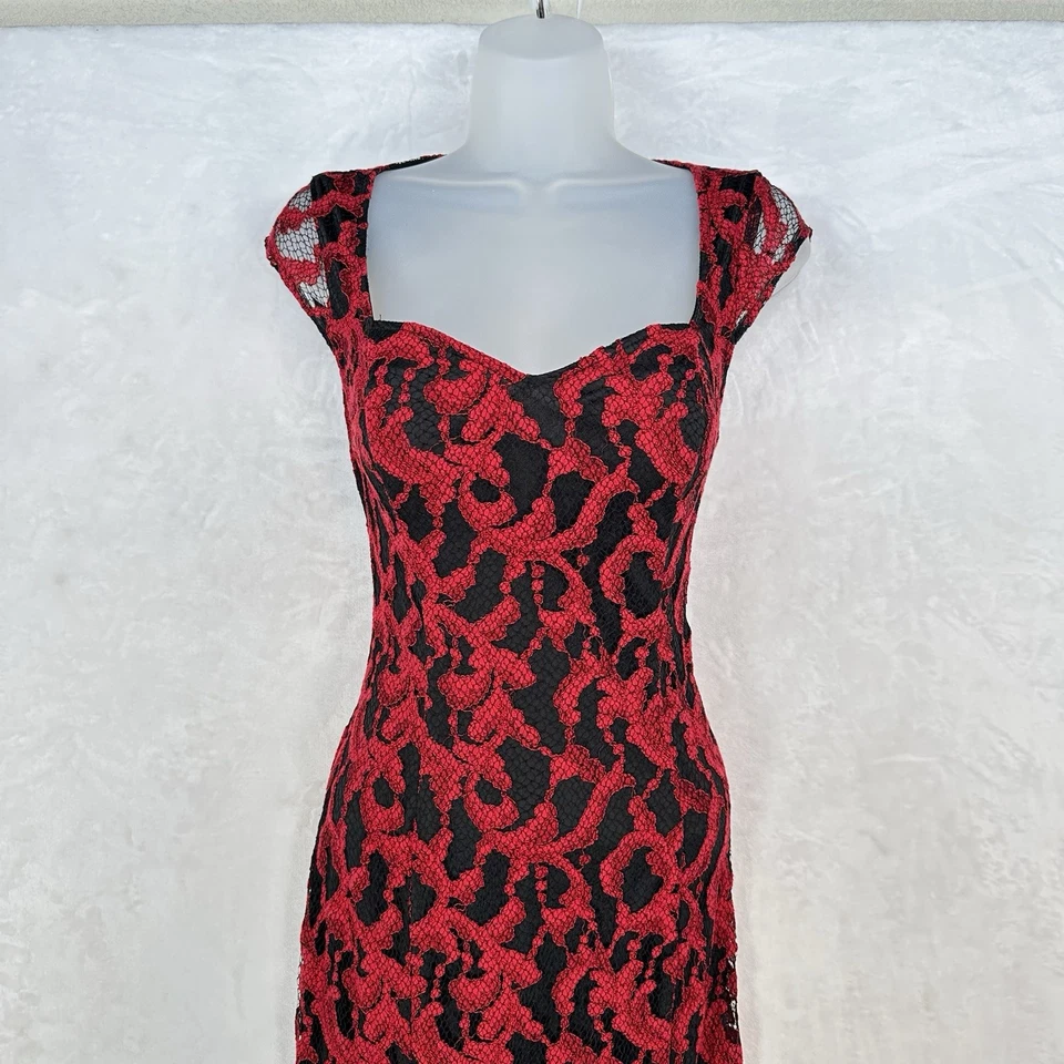Maxi vestido romántico formal vintage Betsy Adam para mujer 6 rojo negro de encaje Foto 2 de 4