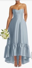 Alfred Sung Strapless Ruffle High-Low Twill Satin Gown,sz 12R,blue Mist