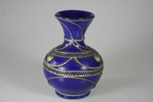 VINTAGE MOROCAN EARTH WARE POTTERY COBAL BLUE VASE - Picture 4 of 9