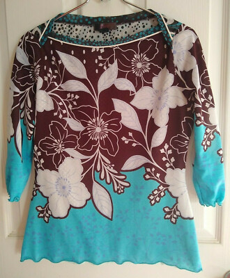 Designed By HK Zion Sheer Shirt/Blouse Brown Turquoise Floral Print M Polyester