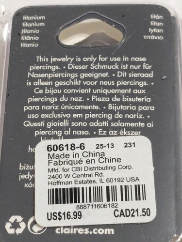 NWT Claire's Set Of 3 Titanium Nose Rings With Rhinestone Tips. - Picture 12 of 13