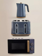 Navy Wood Kettle and 4 Slice Toaster set Scandi And 17L Microwave Set -Brand New
