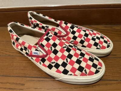 Vintage 1970's Vans Checker Slip On Sneakers Size US 12 Red Black