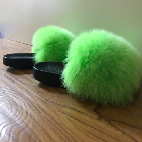 Neon Green - Max Large XXL Real Fox Fur Slides Slippers Sandals Shoes  Sliders | eBay