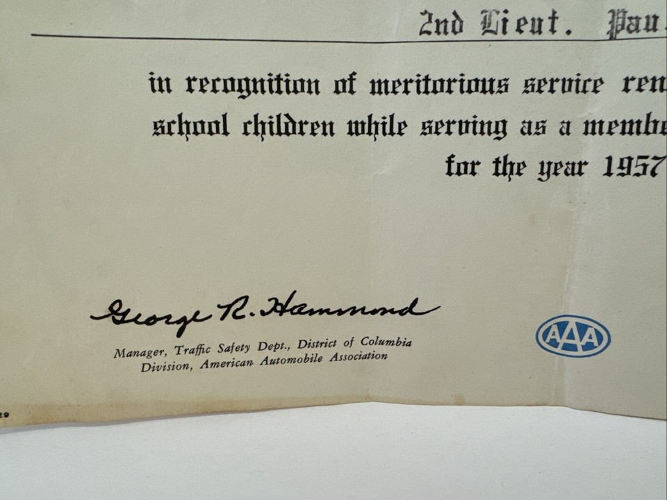 19571958 School Safety Patrol Award of Merit, Triple AAA, Fillmore 2nd