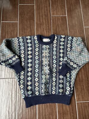 James Pringle Weavers M 100% Wool Fair Isle Cable Blue Chunky Sweater  Scotland