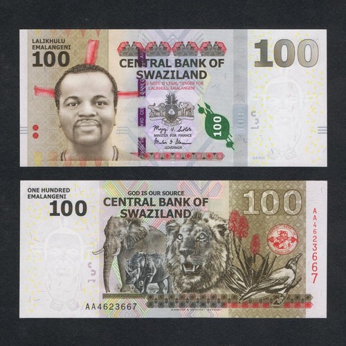 2010 SWAZILAND 100 EMALANGENI HYBRID P-39 UNC+ +ELEPHANT RHINOCEROS LION FLOWER
