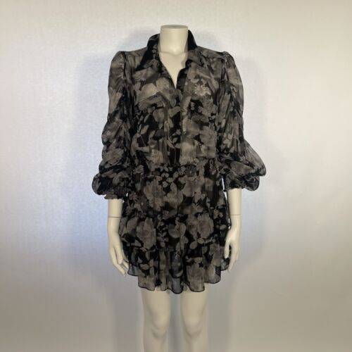 MISA LOS ANGELES Kleid UK L Mini Grau Schwarz Blumen Chiffon Rüschen Langarm - Bild 4 von 10