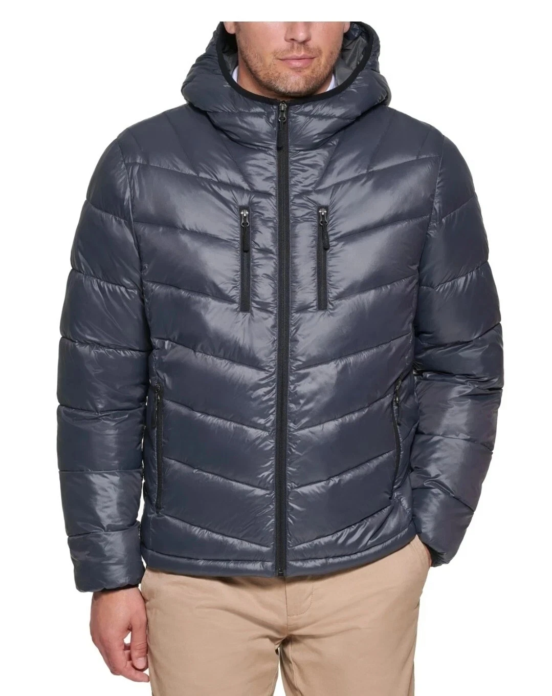 Club Room Men's Chevron Quilted Hooded Puffer Jacket, Charcoal, XXL