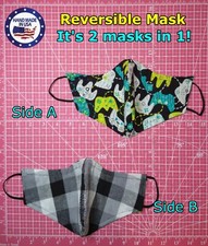 Video Game Controllers reversible Black Gray Check face mask Handmade Adult size