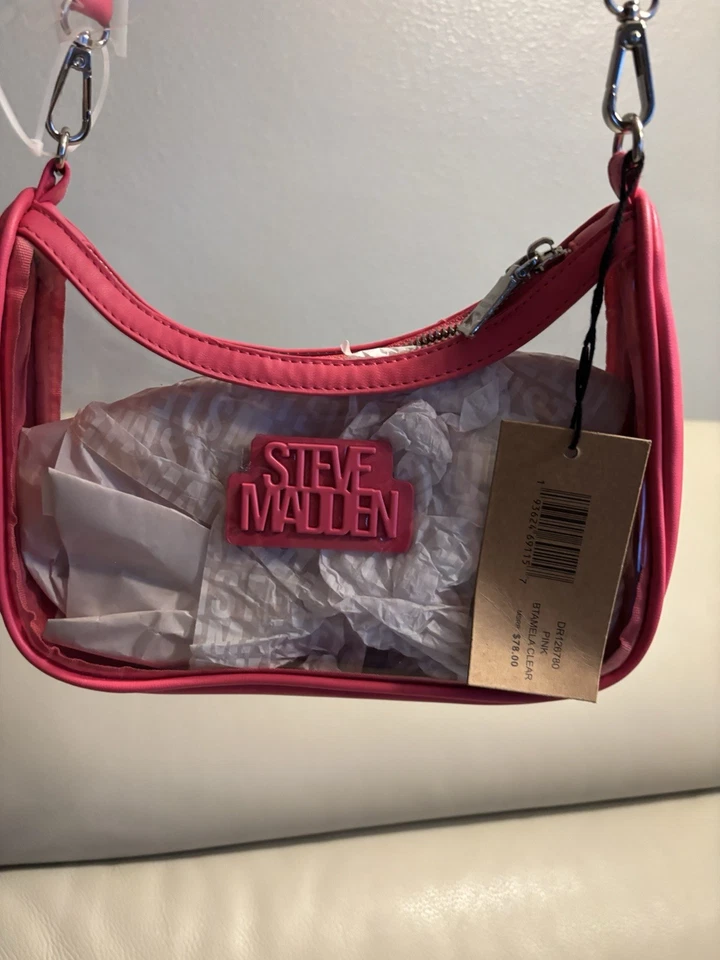 Steve Madden Clear Crossbody Shoulder Bag Hot Pink Trim, Logo Strap & Mini Pouch - Image 2 of 4
