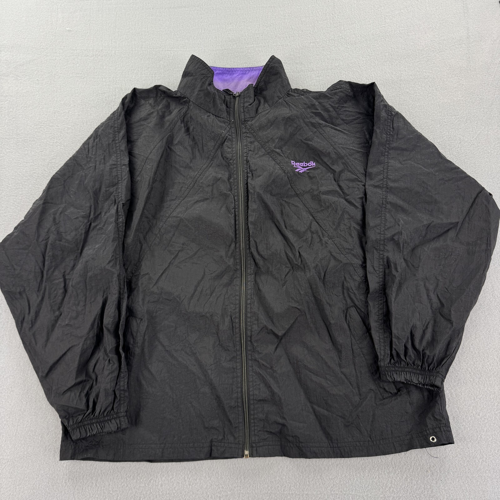 Vintage Reebok Jacket Mens XL Black Purple Nylon Windbreaker Full Zip 90s Retro