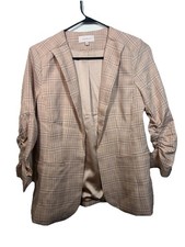 Skies Are Blue Open Blazer Small Brown Plaid Ruched Sleeves Academia