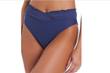 Bar Iii Wave Solids Smocked V-Waist High-Leg Bikini Bottoms Blue Size XL 9139