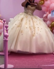 Gold Quincea era Ball Gown Princess Dress Sweetheart Neck Glitter Tulle Lace-Up