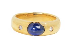Gypsy Set Natural Sapphire Two Diamond 18k Ring