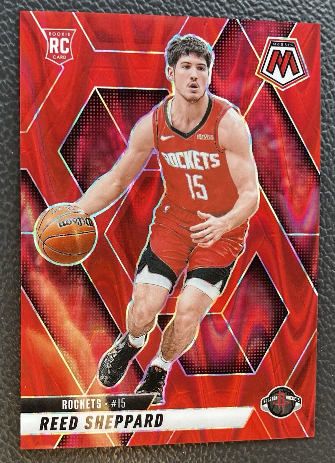 2024-25 Panini Mosaic #249 Reed Sheppard Red Seismic Colormatch /299 Rockets RC