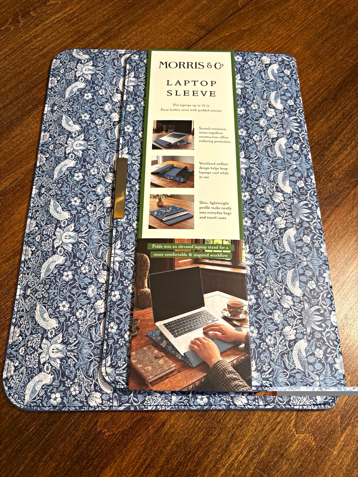 Morris & Co Laptop Sleeve Stand Fits 16" Blue Strawberry Thief Faux Leather NWT
