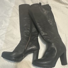 Black Knee High Leather Riding Boots Block Heel Zip Round Toe Size 40