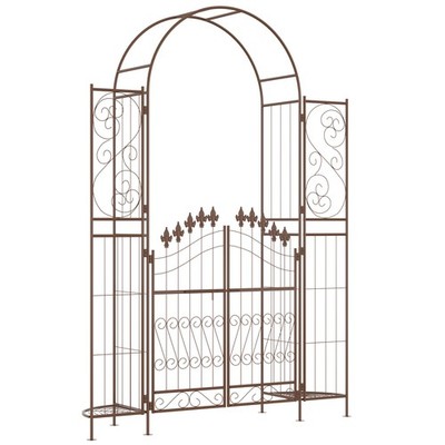 87.8in Metal Garden Arbor Arch with Gate Planter Shelves Brown