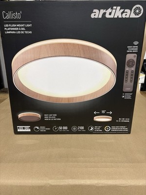 Artika Callisto 15 in. 1-Light Wood 5CCT Selectable LED Flush Mount with Remote