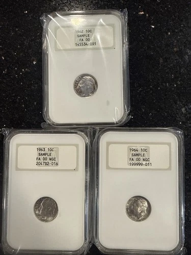 3 NGC Sample Slabs, Roosevelt Silver Dimes. BU 1962 P, 1963 P, 1964 P