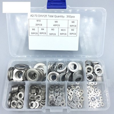 360Pcs 304 Stainless   Washer M2-M10 Plain Gasket Assortment Stainless Steel *vy