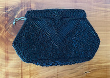 Vintage Made in Belgium Black Beaded Zip Up Mini Clutch Bag