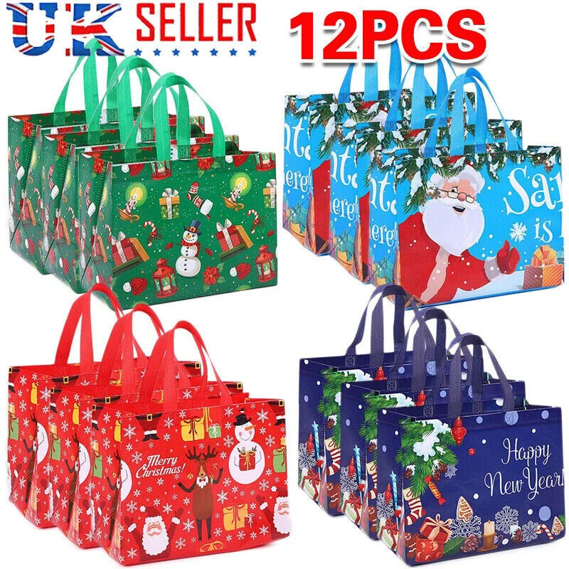 12PCS Christmas Gift Bags Large with Handles Christmas Tote Bags Bulk Reusable