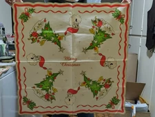 Vtg Kitschy Santa Claus and Christmas Tree tablecloth and placemats. Kitschmas