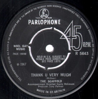 Scaffold Thank U Very Much 7'' vinyl UK Parlophone 1967 Four prong label design b